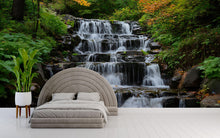 Load image into Gallery viewer, Tiered Waterfall Wallpaper Mural With Flowing Stream In Lush Forest | Realistic 3D Nature Wall Art For Bedroom Or Spa | Stylish Scenic Decor
