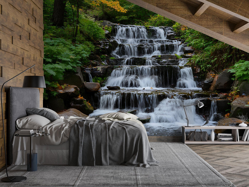 Tiered Waterfall Wallpaper Mural With Flowing Stream In Lush Forest | Realistic 3D Nature Wall Art For Bedroom Or Spa | Stylish Scenic Decor