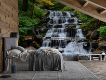Load image into Gallery viewer, Tiered Waterfall Wallpaper Mural With Flowing Stream In Lush Forest | Realistic 3D Nature Wall Art For Bedroom Or Spa | Stylish Scenic Decor
