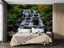 Load image into Gallery viewer, Tiered Waterfall Wallpaper Mural With Flowing Stream In Lush Forest | Realistic 3D Nature Wall Art For Bedroom Or Spa | Stylish Scenic Decor