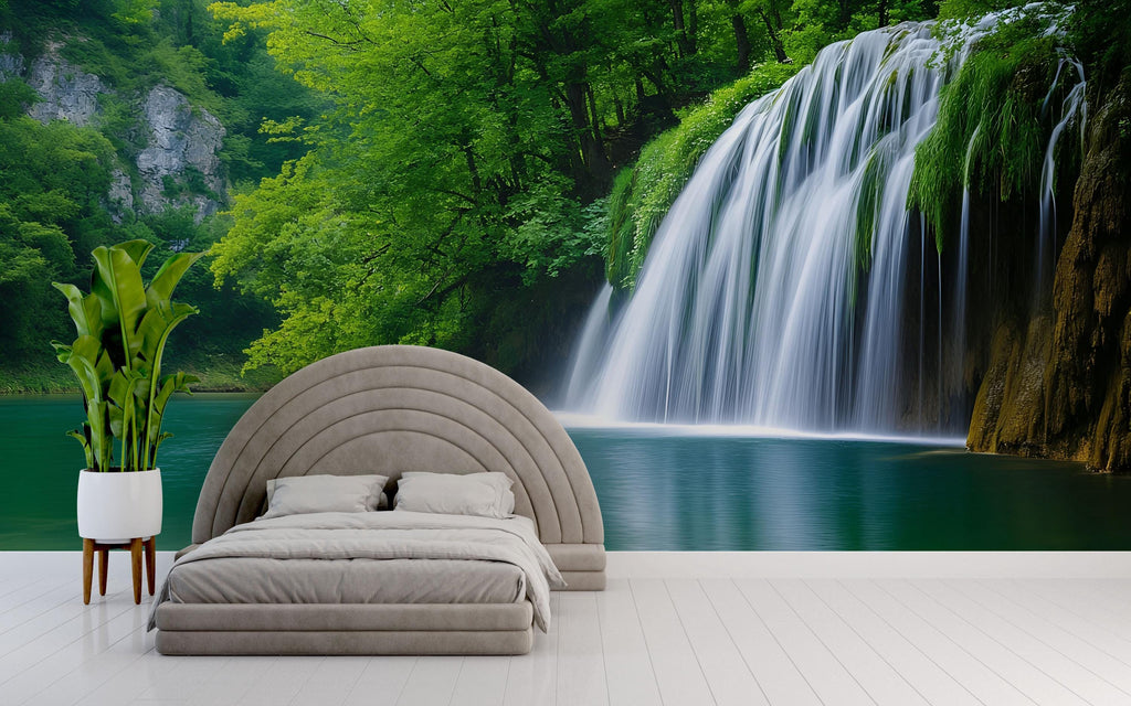 Vertical Waterfall Forest Wallpaper Mural | Lush Jungle Nature Wall Art With Cascading Stream | 3D Scenic Decor For Bedroom Or Spa