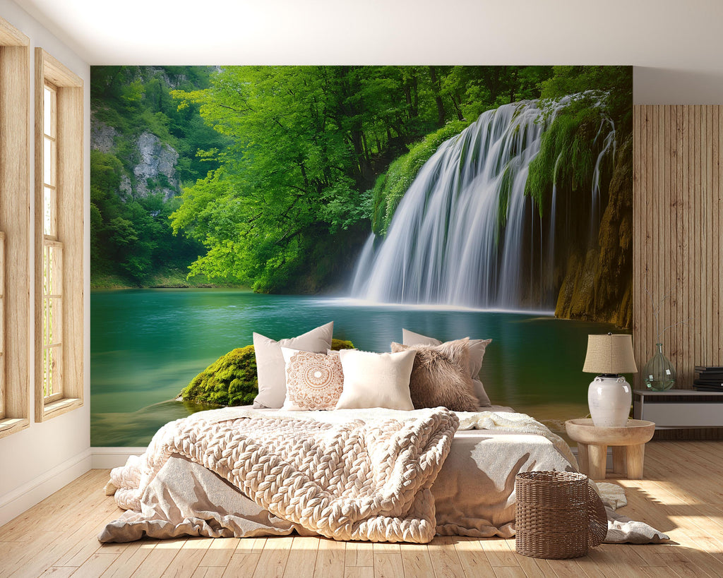 Vertical Waterfall Forest Wallpaper Mural | Lush Jungle Nature Wall Art With Cascading Stream | 3D Scenic Decor For Bedroom Or Spa