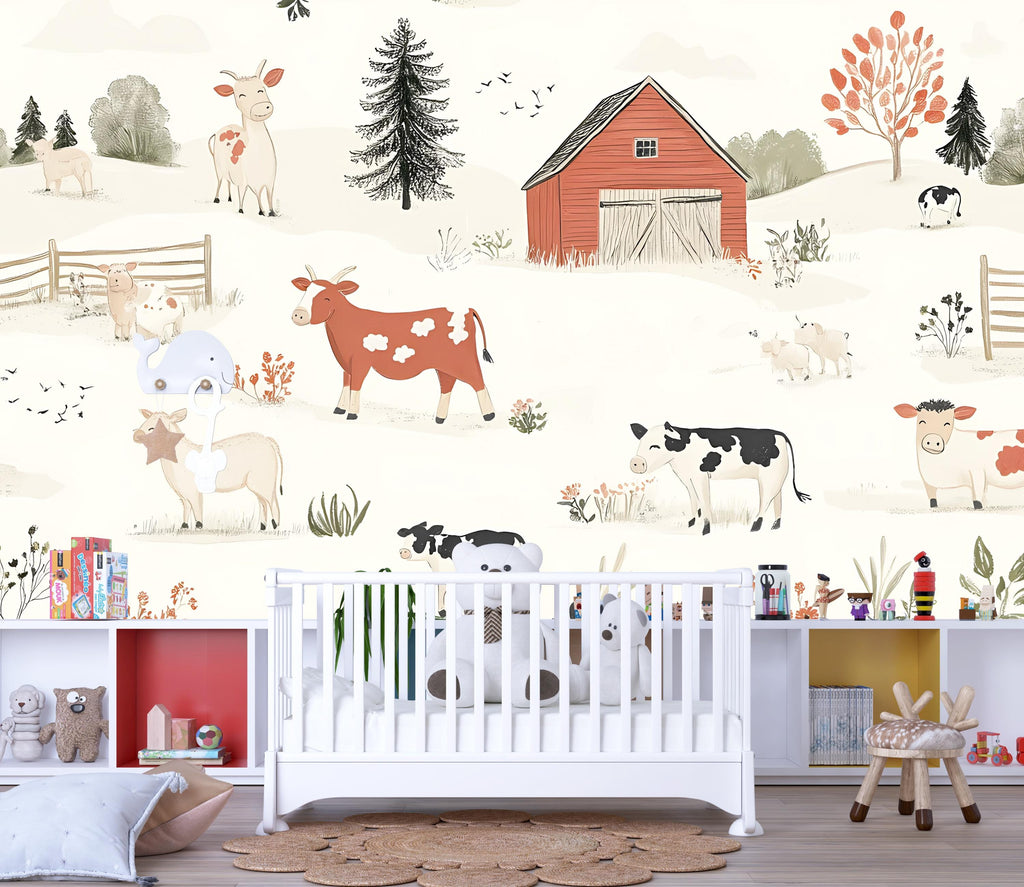 Farm Animal Wall Mural for Kids Room – Cute Cow Barn Nursery Wallpaper – Removable Playroom Decor – Country Farmhouse Art Vn314