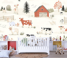 Load image into Gallery viewer, Farm Animal Wall Mural for Kids Room – Cute Cow Barn Nursery Wallpaper – Removable Playroom Decor – Country Farmhouse Art Vn314