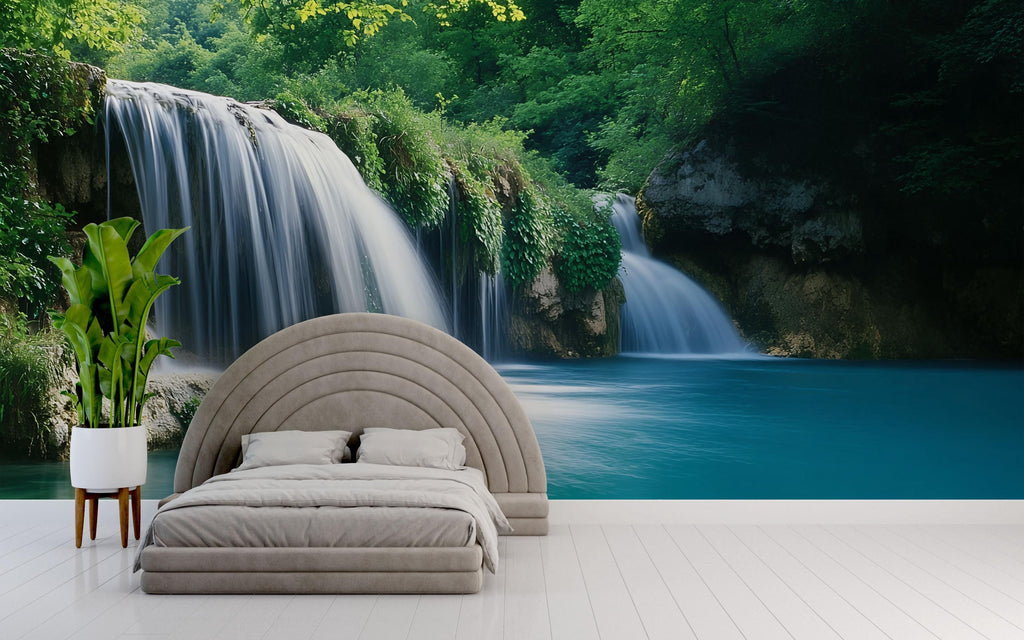 Tropical Blue Waterfall Wallpaper Mural | 3D Scenic Nature Wall Art With Crystal Clear Stream | Relaxing Jungle Forest Decor For Bedroom