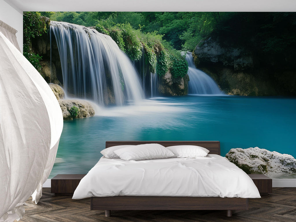 Tropical Blue Waterfall Wallpaper Mural | 3D Scenic Nature Wall Art With Crystal Clear Stream | Relaxing Jungle Forest Decor For Bedroom