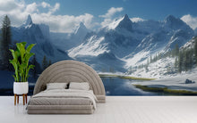 Load image into Gallery viewer, Snowy Mountain Wallpaper Mural | 3D Winter Landscape Wall Art With River And Pines | Serene Nature Decor For Bedroom Or Cabin | Holiday Gift