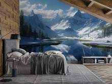 Load image into Gallery viewer, Snowy Mountain Wallpaper Mural | 3D Winter Landscape Wall Art With River And Pines | Serene Nature Decor For Bedroom Or Cabin | Holiday Gift