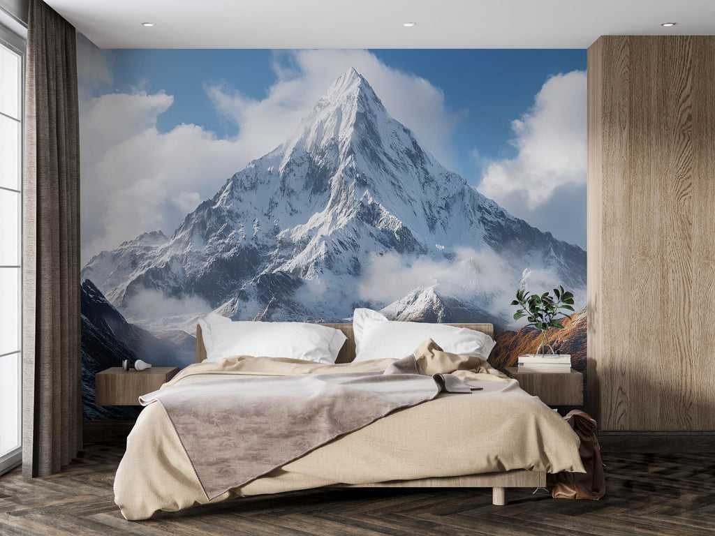 Snowy Mountain Peak Wallpaper Mural | Majestic 3D Winter Landscape Wall Art For Bedroom Or Office | Modern Nature Decor | Scenic Gift