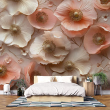 Load image into Gallery viewer, 3D Floral Wall Mural for Bedroom – Peach Cream Poppy Flower Wallpaper – Elegant Large Flower Accent Wall Art Vn326
