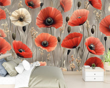 Load image into Gallery viewer, Red Poppy Floral Wall Mural – Large Botanical Flower Wallpaper for Bedroom, Living Room, or Accent Wall Décor Vn333