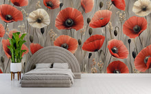 Load image into Gallery viewer, Red Poppy Floral Wall Mural – Large Botanical Flower Wallpaper for Bedroom, Living Room, or Accent Wall Décor Vn333