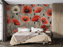Load image into Gallery viewer, Red Poppy Floral Wall Mural – Large Botanical Flower Wallpaper for Bedroom, Living Room, or Accent Wall Décor Vn333