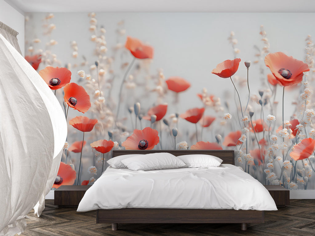 Red Poppy Flower Wall Mural | Modern Floral Bedroom Wallpaper | Botanical Large-Scale Peel & Stick Mural Vn334