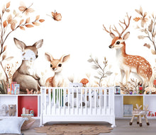 Load image into Gallery viewer, Woodland Deer Nursery Wall Mural, Baby Forest Animal Wallpaper, Neutral Nature Kids Room Decor Vn344