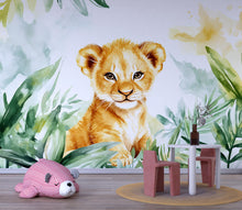 Load image into Gallery viewer, Watercolor Lion Cub Jungle Wall Mural for Kids Room Nursery Safari Animal Wallpaper Vn345