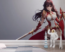 Load image into Gallery viewer, Anime Warrior Girl Wall Mural – Red Armor Fantasy Art for Kids Room, Teen Bedroom Decor, Gamer Wall Poster Vn361