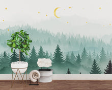 Load image into Gallery viewer, Magical Night Forest Wallpaper Watercolor Woodland Mural with Moon Stars Enchanted Forest Wall Art for Nursery Bedroom or Living Room 754RS