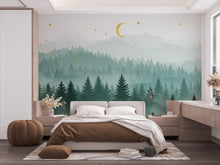Load image into Gallery viewer, Magical Night Forest Wallpaper Watercolor Woodland Mural with Moon Stars Enchanted Forest Wall Art for Nursery Bedroom or Living Room 754RS