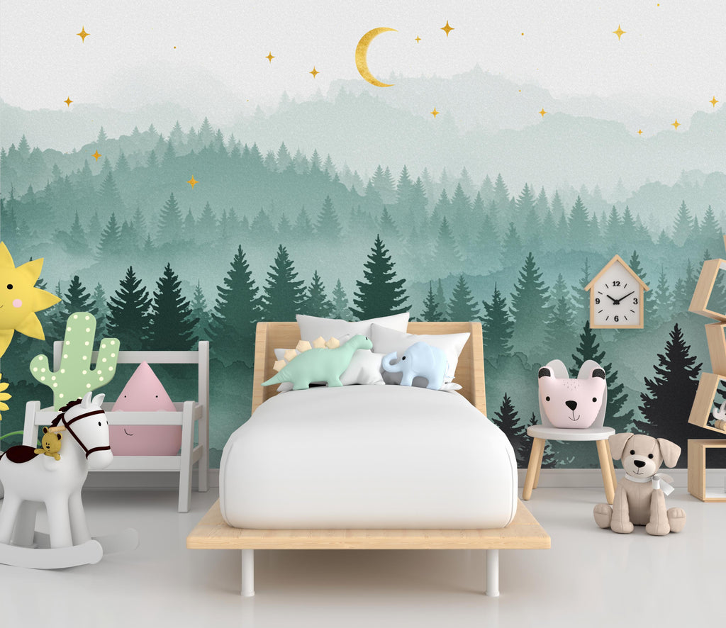 Magical Night Forest Wallpaper Watercolor Woodland Mural with Moon Stars Enchanted Forest Wall Art for Nursery Bedroom or Living Room 754RS