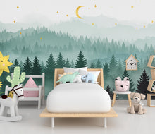 Load image into Gallery viewer, Magical Night Forest Wallpaper Watercolor Woodland Mural with Moon Stars Enchanted Forest Wall Art for Nursery Bedroom or Living Room 754RS