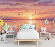 Load image into Gallery viewer, Sunset Beach Wallpaper Watercolor Sea Sunset Mural with Ocean Beach Wall Art for Nursery Bedroom or Living Room 755RS