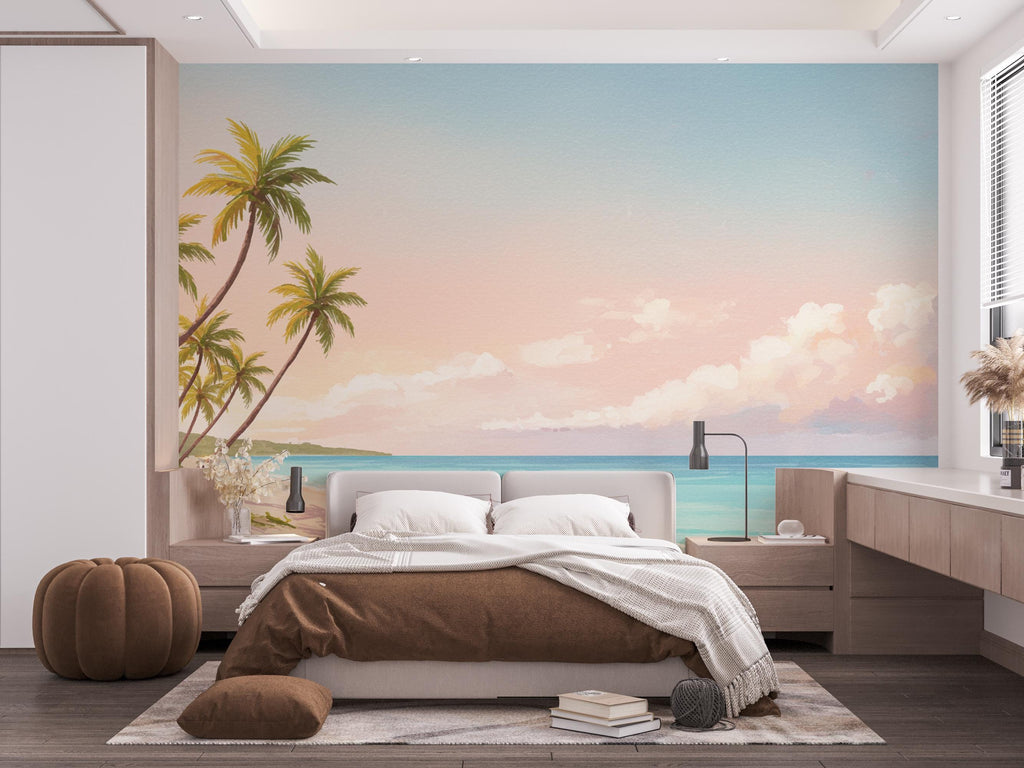Palm Beach Wallpaper Watercolor Sea Palm Beach Mural with Ocean Beach Wall Art for Nursery Bedroom or Living Room 756RS