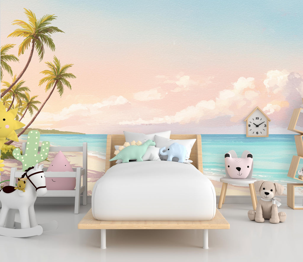 Palm Beach Wallpaper Watercolor Sea Palm Beach Mural with Ocean Beach Wall Art for Nursery Bedroom or Living Room 756RS