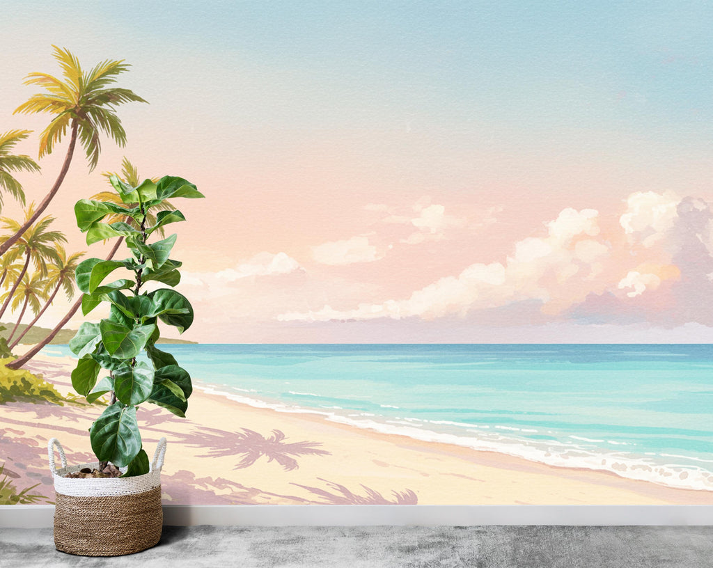 Palm Beach Wallpaper Watercolor Sea Palm Beach Mural with Ocean Beach Wall Art for Nursery Bedroom or Living Room 756RS