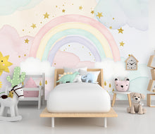 Load image into Gallery viewer, Rainbow Pastel Wallpaper Watercolor Rainbow Mural Nursery Stars Rainbow Wall Art for Nursery Bedroom or Living Room 757RS