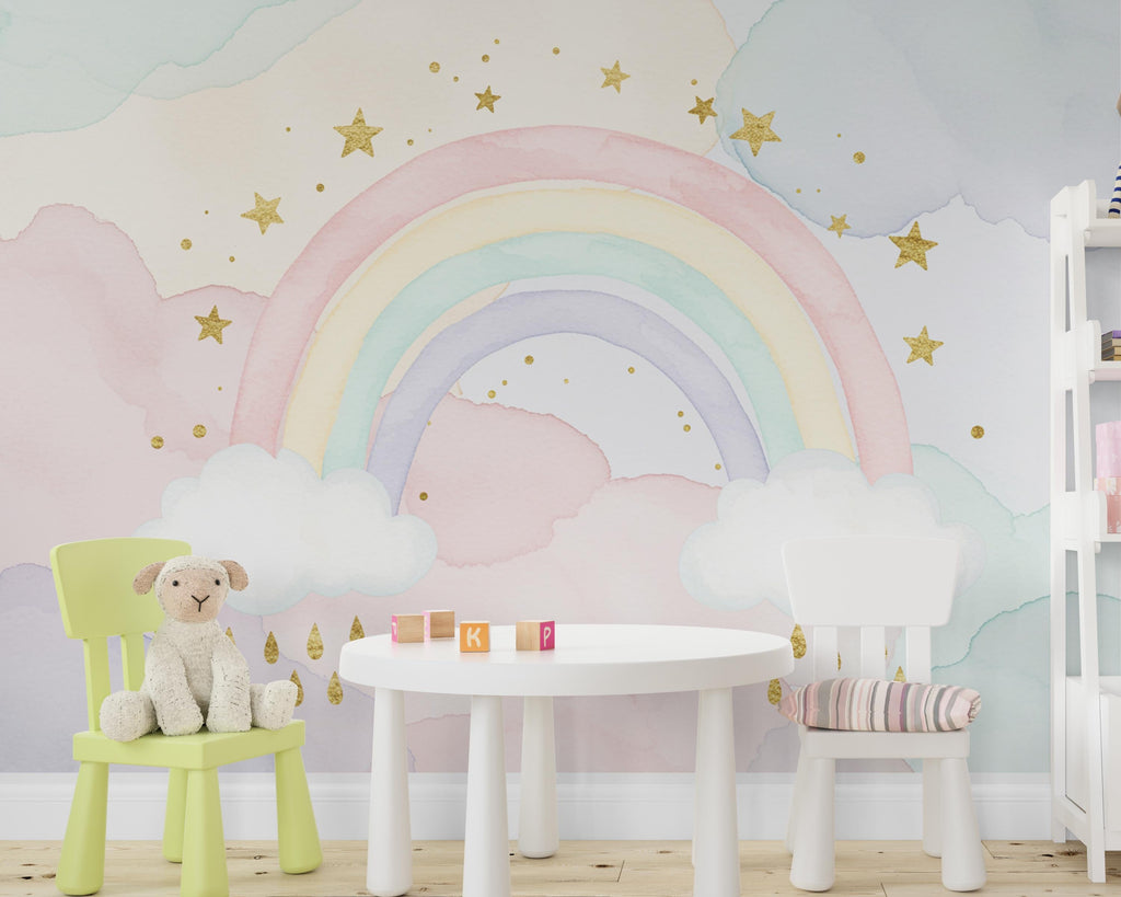 Rainbow Pastel Wallpaper Watercolor Rainbow Mural Nursery Stars Rainbow Wall Art for Nursery Bedroom or Living Room 757RS