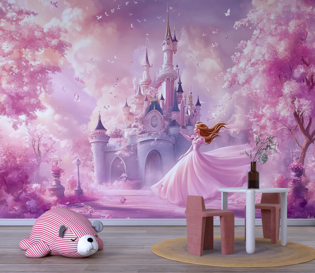 Princess Castle Wall Mural - Pink Fairy Tale Wallpaper for Girls Bedroom, Fantasy Castle Nursery Decor Vn366