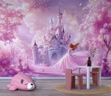 Load image into Gallery viewer, Princess Castle Wall Mural - Pink Fairy Tale Wallpaper for Girls Bedroom, Fantasy Castle Nursery Decor Vn366
