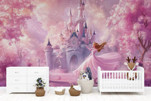 Load image into Gallery viewer, Princess Castle Wall Mural - Pink Fairy Tale Wallpaper for Girls Bedroom, Fantasy Castle Nursery Decor Vn366