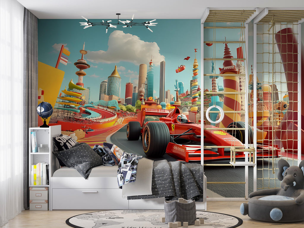 Kids Race Car Wall Mural – Colorful Formula 1 Cityscape Wallpaper for Boys Room Vn371