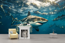 Load image into Gallery viewer, Shark Ocean Wall Mural | 3D Underwater Shark Wallpaper | Great White Shark Decor | Ocean Scene Wall Art | Sea Life Room Accent Vn388
