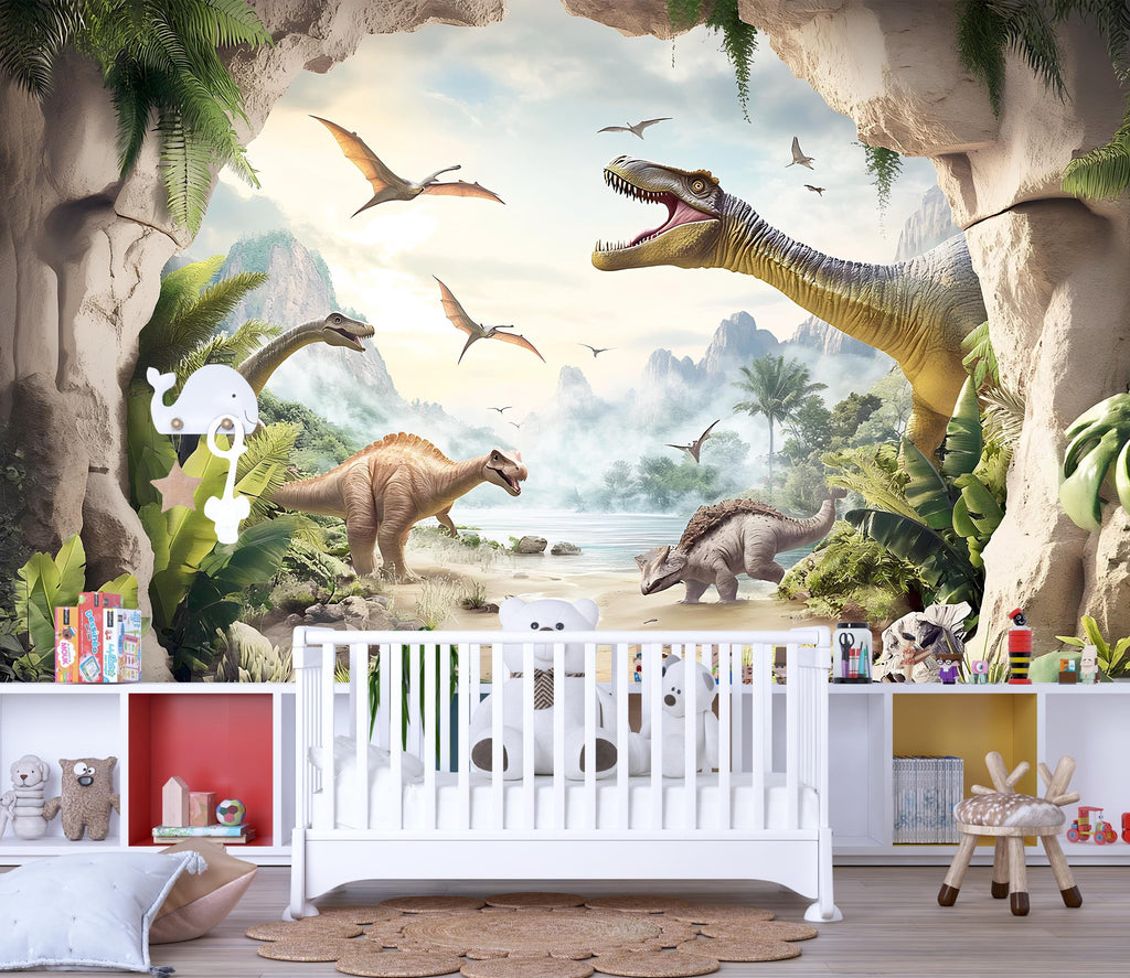 Dinosaur Nursery Wall Mural - Prehistoric Jungle Wallpaper for Baby Room, Boys Room Decor - Dino Theme Nursery Art Backdrop Vn403