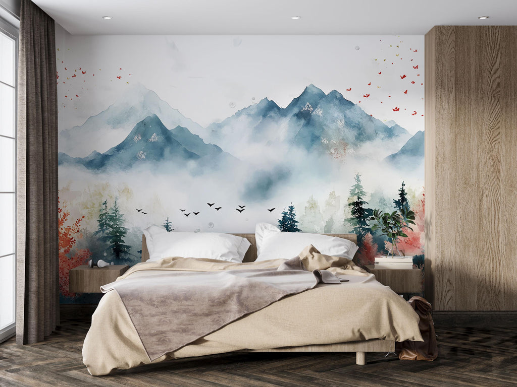 3D Nature Wallpaper Mural With Misty Mountains, Forest Trees And Birds – Stylish Landscape Wall Art For Bedroom, Living Room Or Holiday