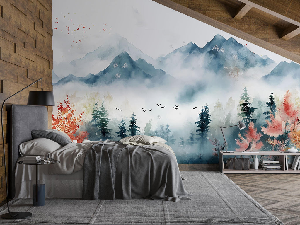 3D Nature Wallpaper Mural With Misty Mountains, Forest Trees And Birds – Stylish Landscape Wall Art For Bedroom, Living Room Or Holiday