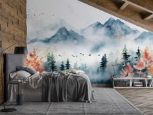Load image into Gallery viewer, 3D Nature Wallpaper Mural With Misty Mountains, Forest Trees And Birds – Stylish Landscape Wall Art For Bedroom, Living Room Or Holiday