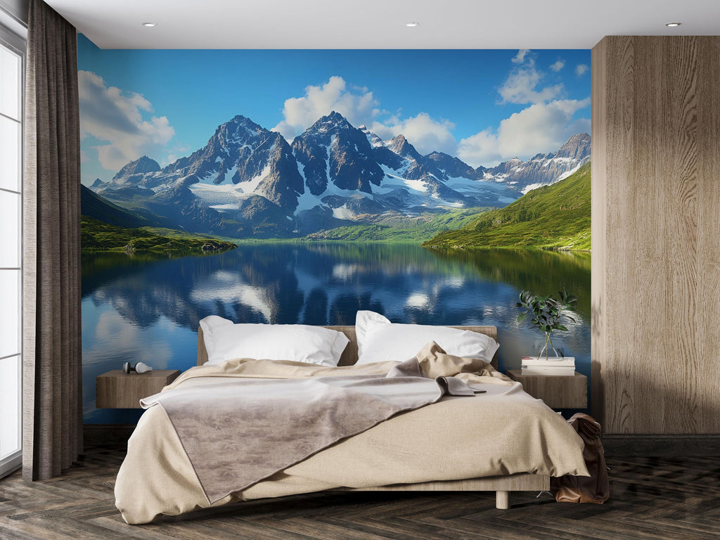 3D Mountain Lake Wallpaper Mural With Snowy Peaks And Reflections – Realistic Nature Wall Art For Bedroom, Cabin Or Living Room