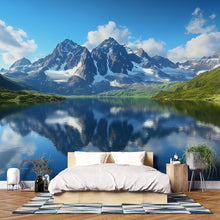 Load image into Gallery viewer, 3D Mountain Lake Wallpaper Mural With Snowy Peaks And Reflections – Realistic Nature Wall Art For Bedroom, Cabin Or Living Room
