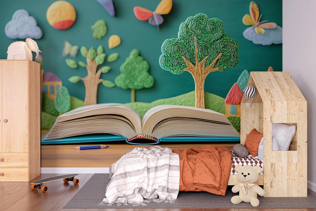 Whimsical Storybook Nursery Wall Art, 3D Felt Forest Mural, Kids Room Decor, Baby Room Backdrop, Colorful Nature Landscape Vn419