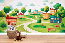 Load image into Gallery viewer, Whimsical Kids Wall Mural – Colorful Village Landscape Wallpaper for Nursery or Playroom – Peel and Stick Removable Mural Vn420