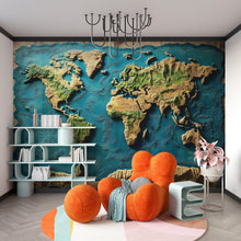 Load image into Gallery viewer, 3D World Map Wall Mural | Textured Earth Map Wallpaper | Rustic Travel Bedroom Decor | Large Topographic Map Art Vn421