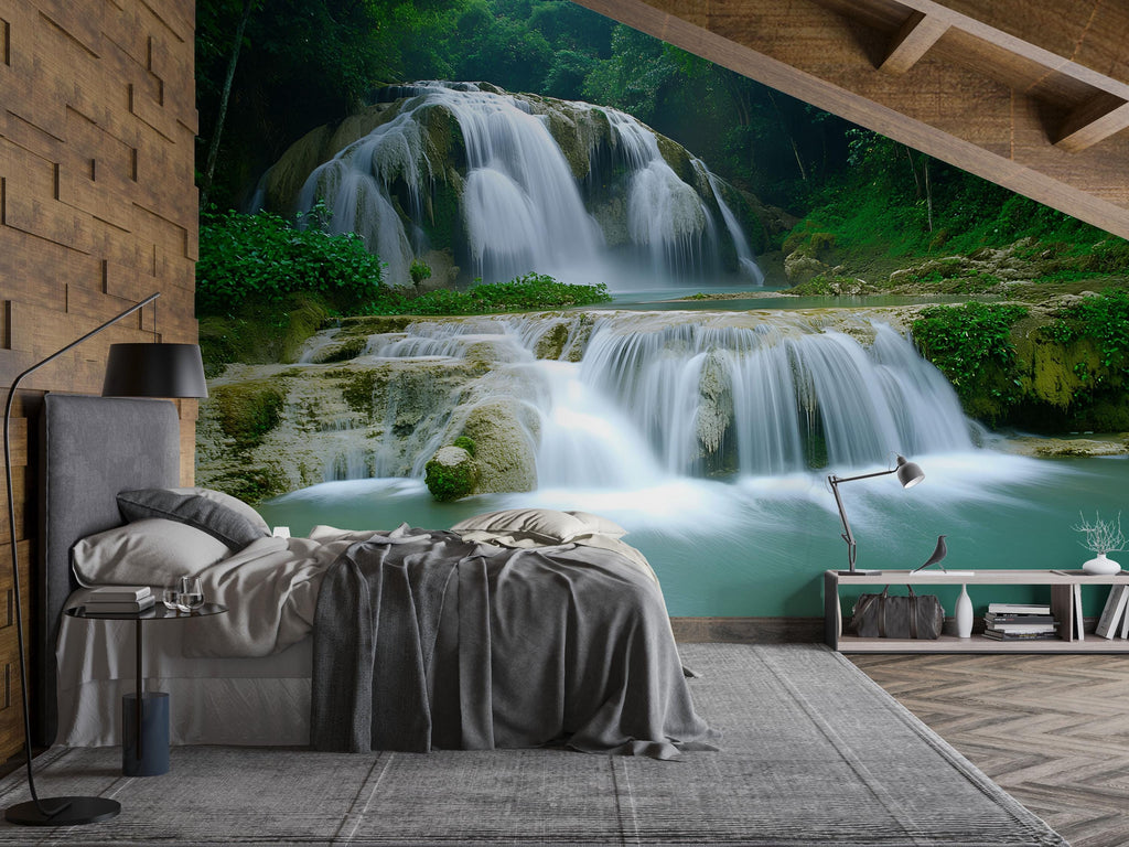 3D Tropical Waterfall Wallpaper Mural With Cascading Water And Jungle Vibes – Realistic Nature Wall Art For Bedroom Or Spa – Stylish Gift