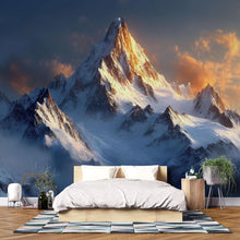 Load image into Gallery viewer, 3D Snowy Mountain Wallpaper Mural With Sunset Sky – Realistic Nature Wall Art For Bedroom Or Cabin – Bold Scenic Landscape Decor Gift