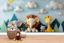 Load image into Gallery viewer, Safari Animal Nursery Wall Art – Jungle Theme Baby Room Decor, 3D Effect Safari Mural with Lion, Elephant, Giraffe Vn430