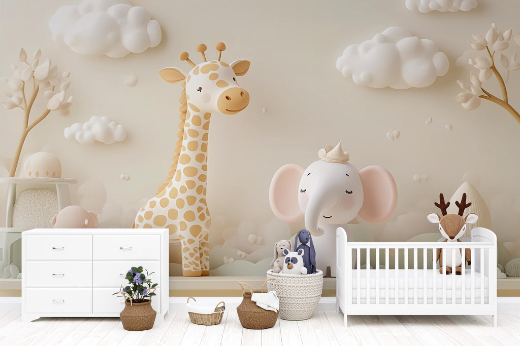Whimsical Safari Animal Nursery Wall Mural – Giraffe & Elephant Jungle Art – Neutral Baby Room Decor – Kids Bedroom Wallpaper Vn431