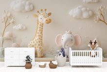 Load image into Gallery viewer, Whimsical Safari Animal Nursery Wall Mural – Giraffe &amp; Elephant Jungle Art – Neutral Baby Room Decor – Kids Bedroom Wallpaper Vn431
